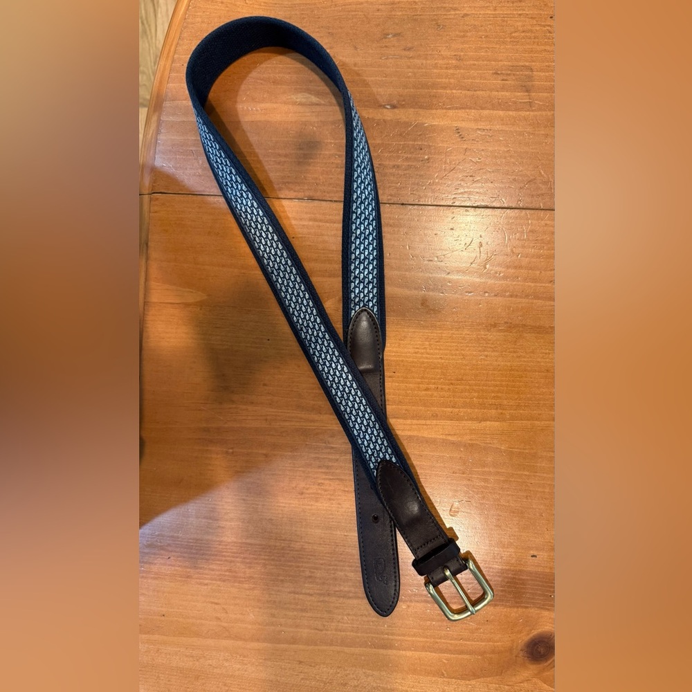 Vineyard Vines Navy Patterned Webbing Belt with Brown Leather Trim
